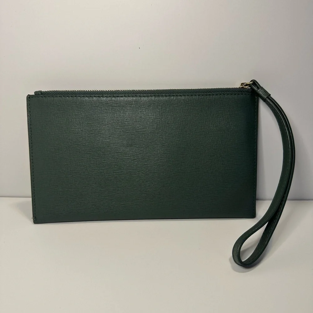 Furla EUC Deep Green Grained Italian Leather Large Wristlet